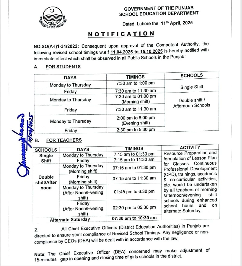 School Timings in Punjab from 16 October 2025 Official Notification